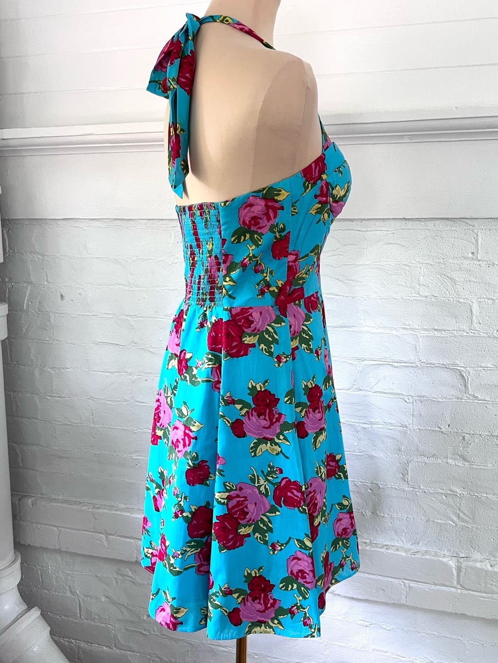 Betsey Johnson Turquoise Blue Floral Cotton Retro Halter Dress Fit And Flare 6 - Picture 5 of 14